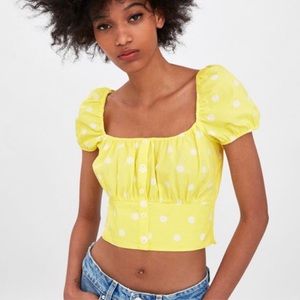 Zara Yellow Polka Dot Crop Top Puffy Sleeves